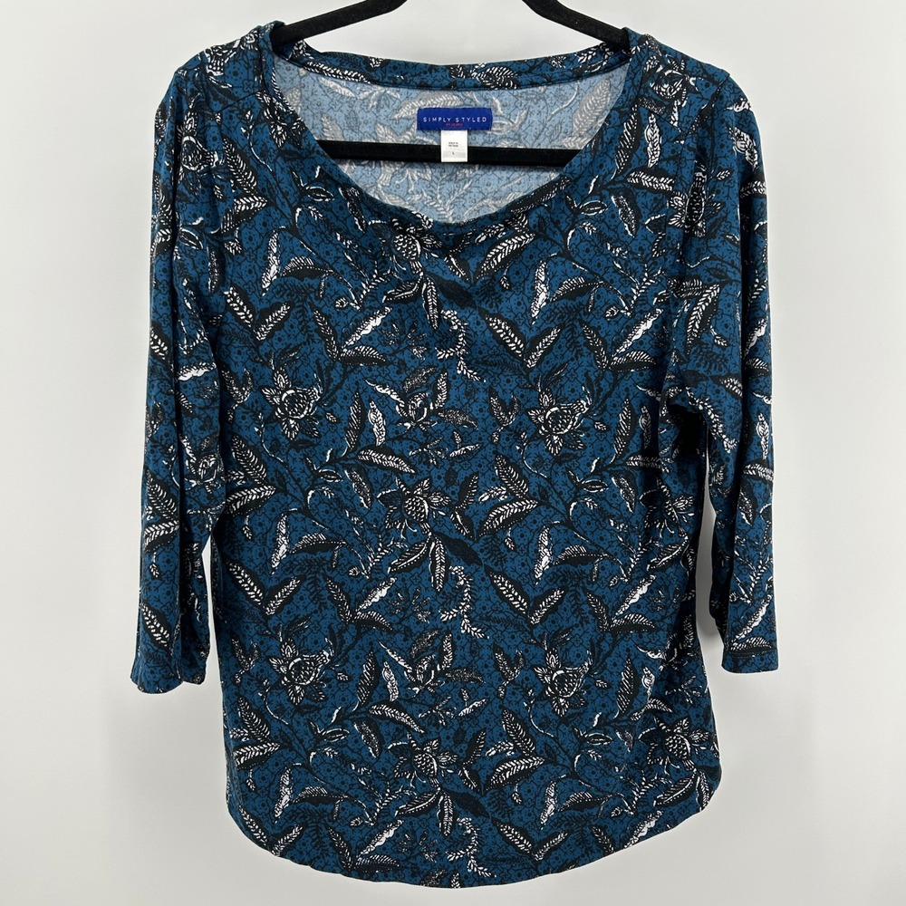 Simply Styled Blue Floral 3/4 Sleeve Pullover Top Large Casual‎ Office Workwear